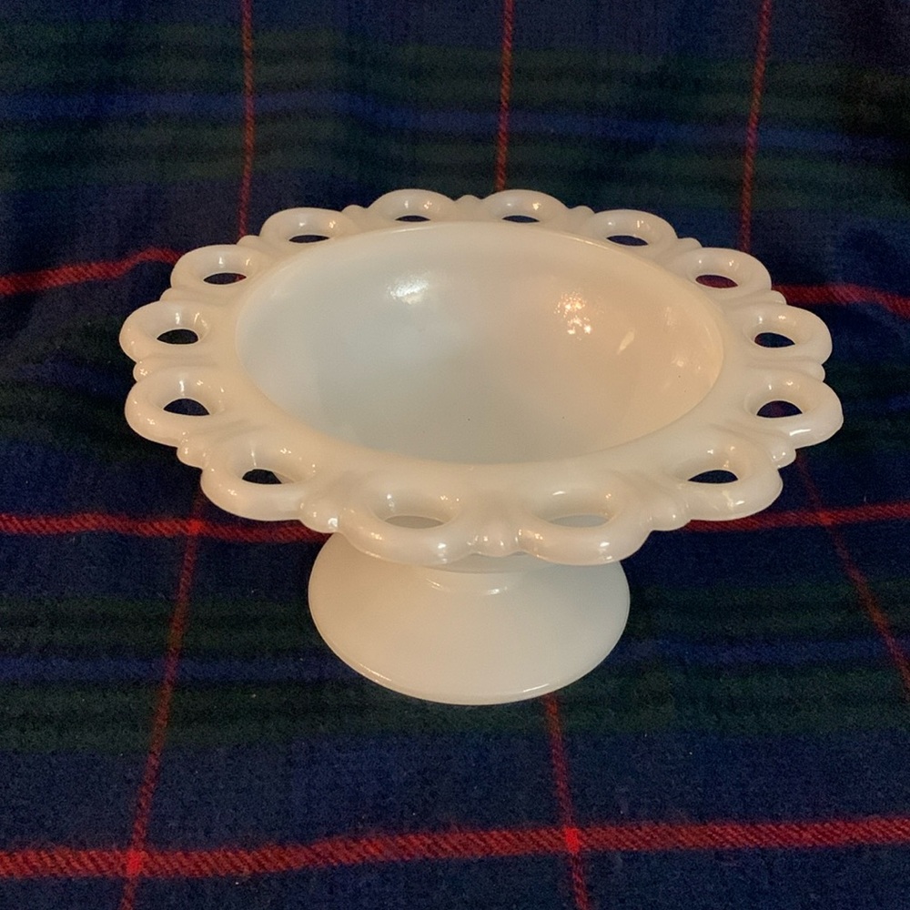 Anchor Hocking milk glass candy dish, 4 inches high.